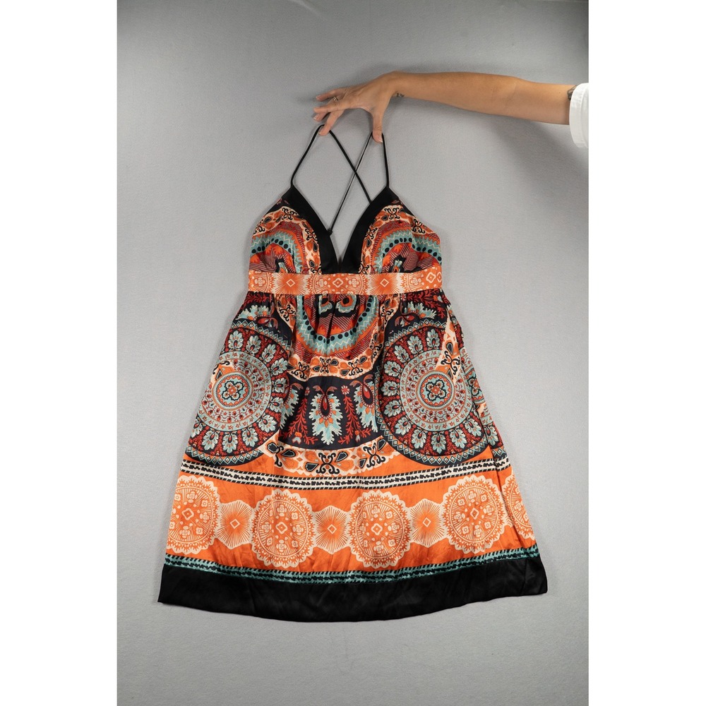 Single Dress Silk Mini Dress Orange Black Boho Mandala Print V-Neck Small
